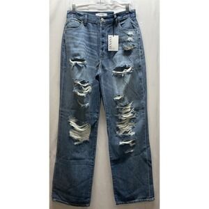 NWT Women's Zenana Wide Leg Button Fly Distresed Ripped Denim Blue Jeans 28 X 32